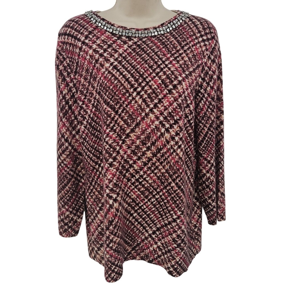 Talbots Cashmere Sweater Women L Pink Plaid‎ Jeweled Collar Quiet Luxury Preppy